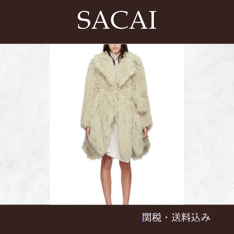 sacaiサカイ★オフホワイト ベルト付き フェイクファー コート