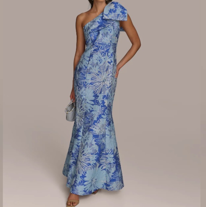 【Donna Karan New York】Jacquard Bow-Trim One-Shoulder Gown