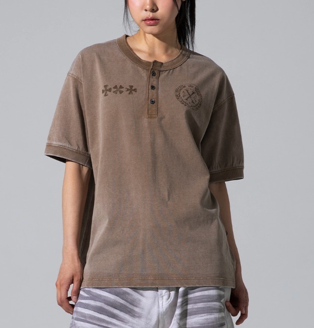 ◆XTONZ Clover Vintage Washing Henley Neck T-Shirt/3色◆