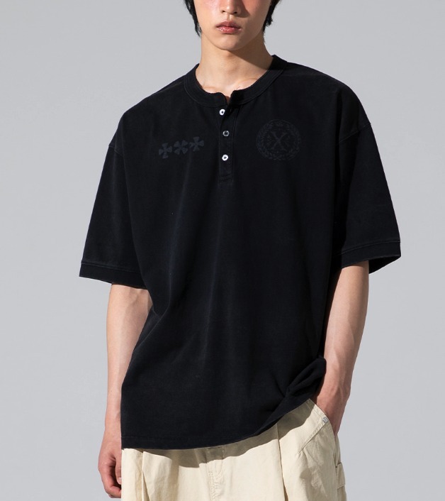 ◆XTONZ Clover Vintage Washing Henley Neck T-Shirt/3色◆