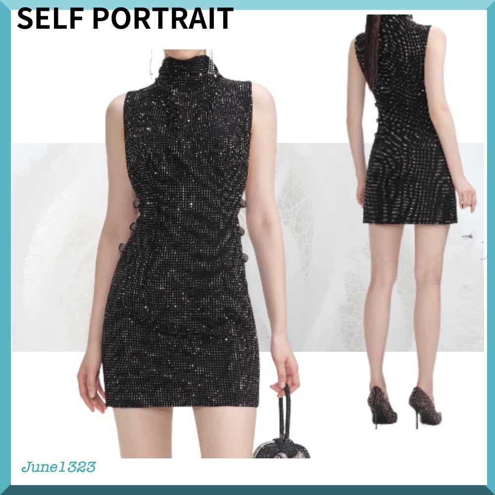 国内配送【SELF PORTRAIT】ラインストーン クレープ ミニ ドレス