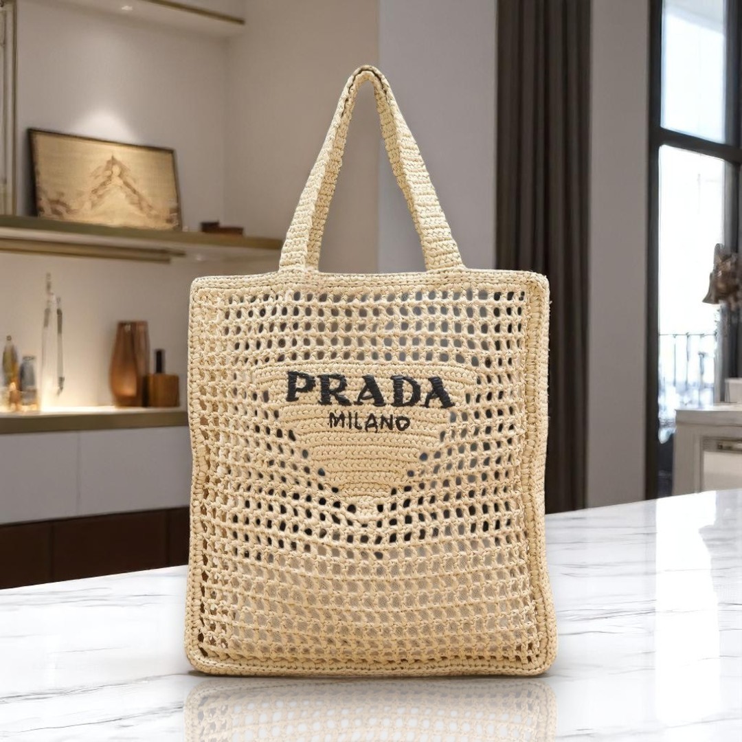 美品【PRADA】ベージュ クロシェ ラフィア ロゴ ハンドバッグ