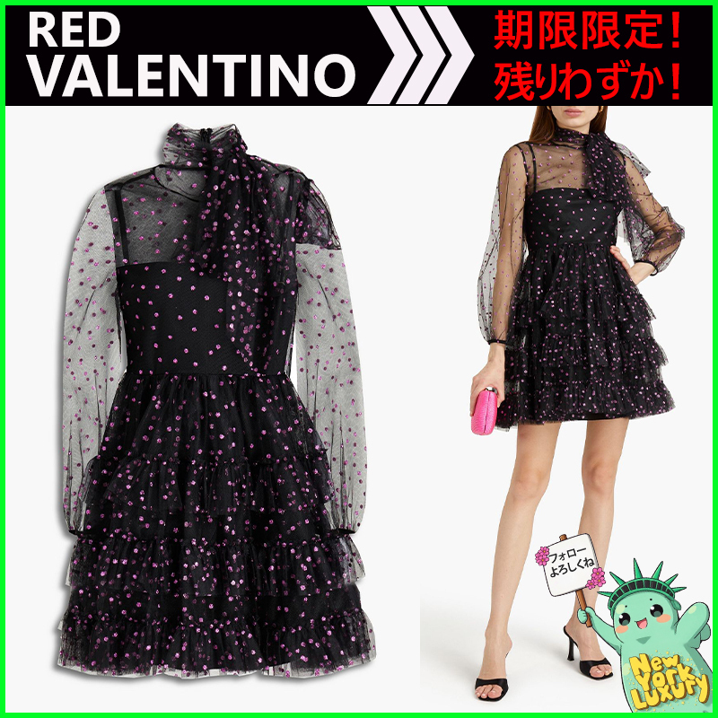 RED VALENTINO★Pussy-bow tiered glittered tulle mini dress