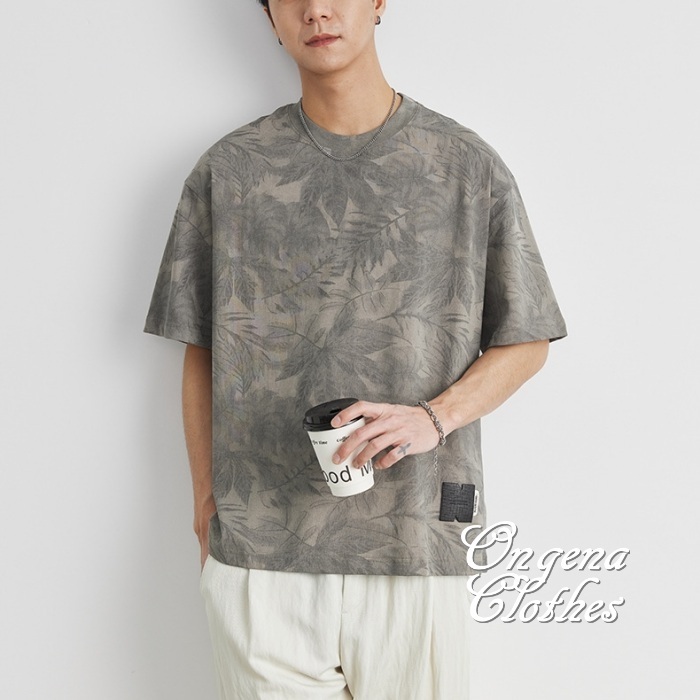 2色 ボタニカル リーフ プリント Tシャツ 肩落ち ユニセックス