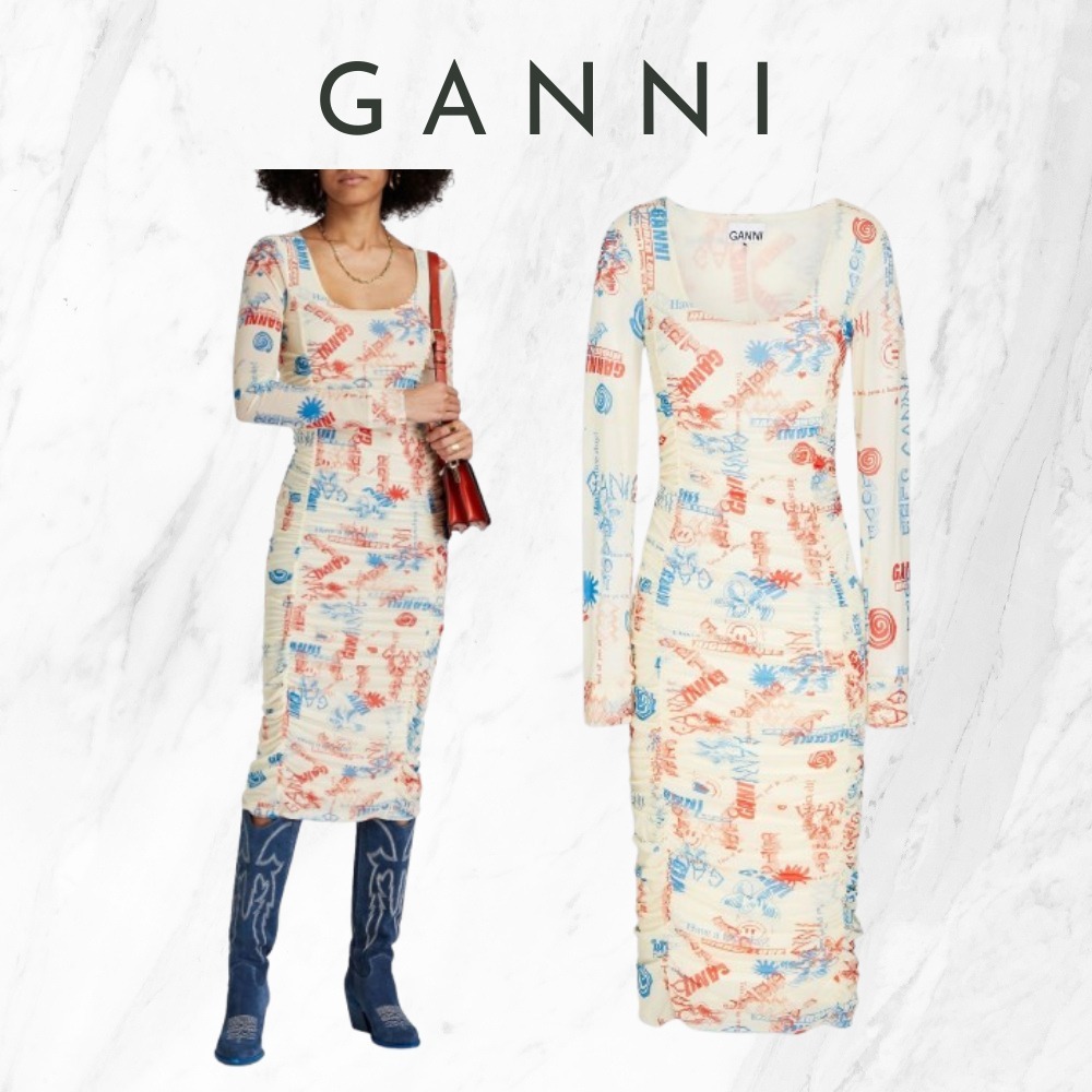 【Ganni】関税込 ベージュ ストレッチメッシュ ミディワンピース