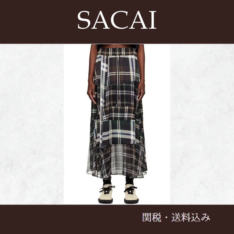 sacaiサカイ★ブラウン プレイドプリント マキシスカート