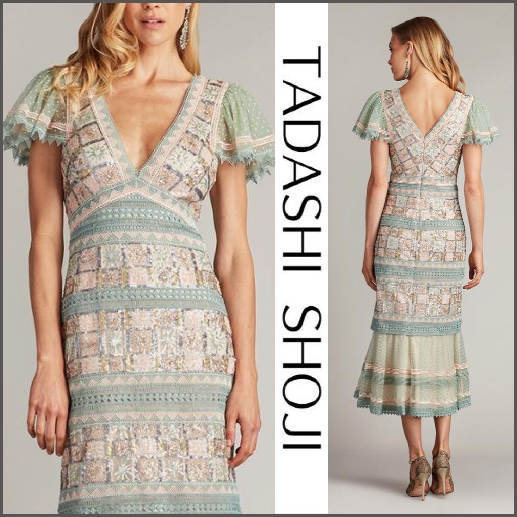 関税送料込【TADASHI SHOJI】ロング ワンピース フリル マルチ