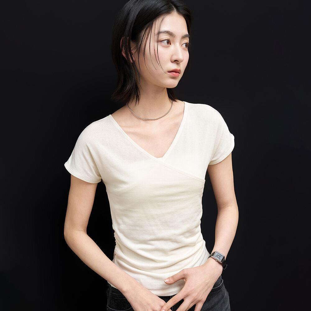 ★GENERAL IDEA★ WOMAN Acetate V-neck Shirring Short Sleeve