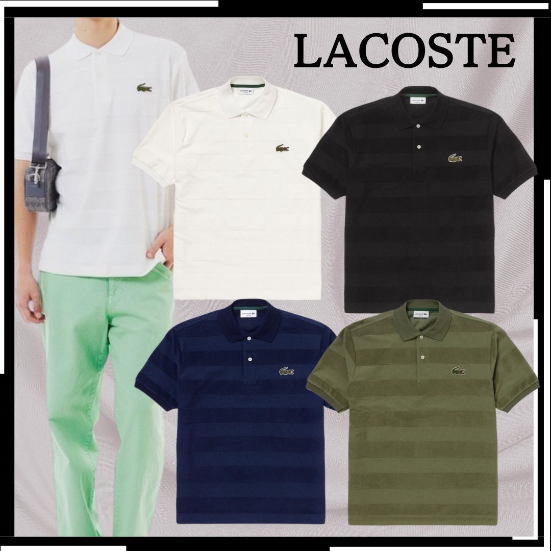 すぐ届く【LACOSTE】ポロシャツ パイル地切り替え同色ボーダー