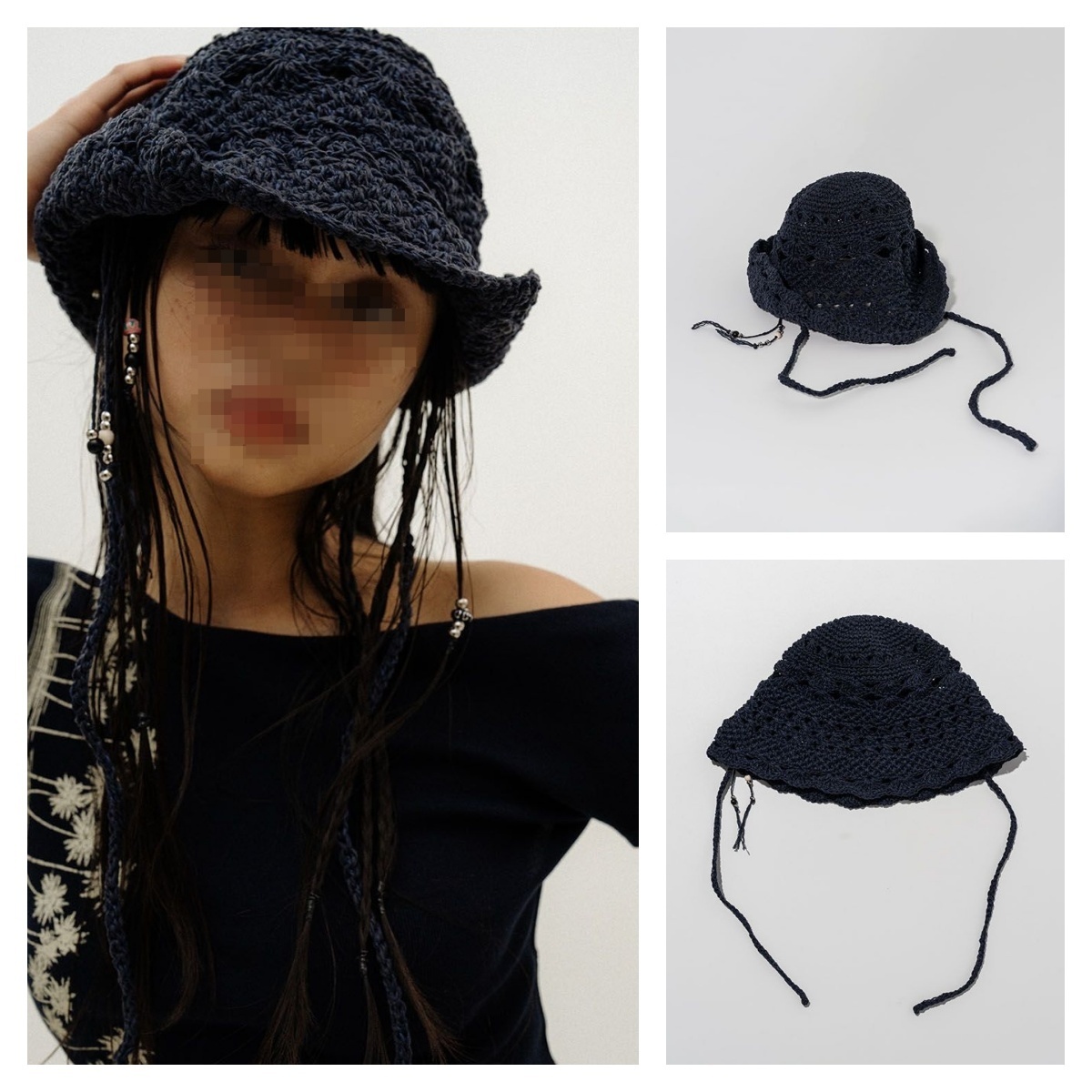 ★OROGEE★SHELL KNIT COWBOY BUCKET HAT★Navy★韓国★大人気