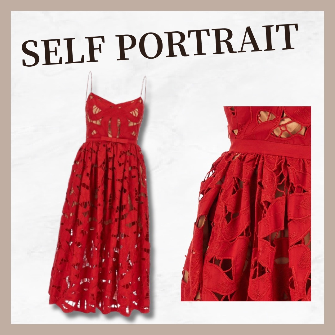 SELF PORTRAIT レッドリボン刺繍ミディドレス