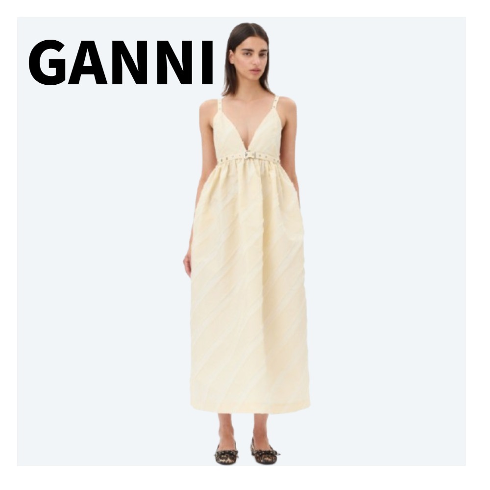 【GANNI】アイボリーストライプストラップドレス