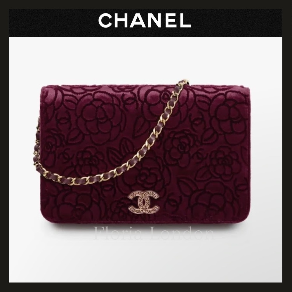 《カメリア柄 ベルベット》25A◆CHANEL チェーンウォレット