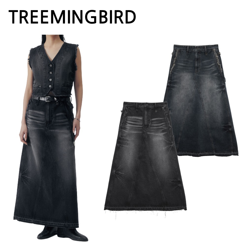 ★TREEMINGBIRD★ Vintage Frayed Denim Set-up Skirt