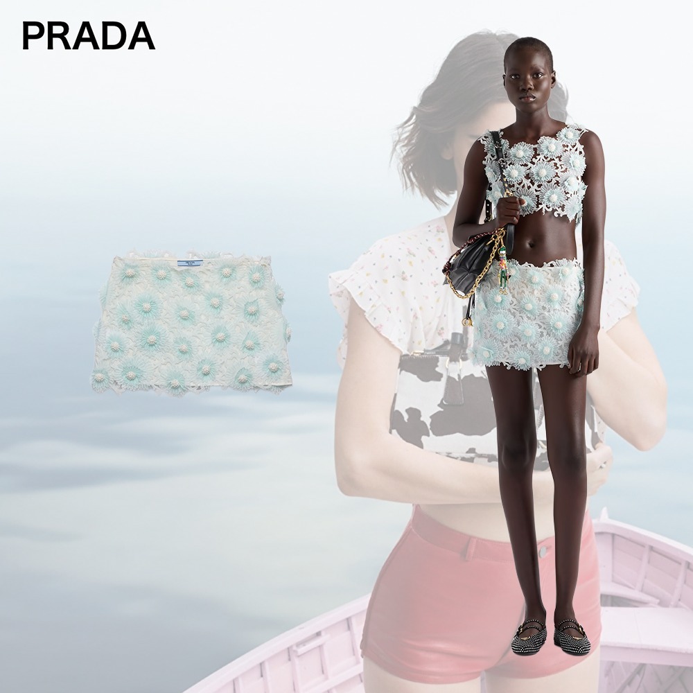 【希少】PRADA 花柄 ギピュール レース ミニスカート グリーン