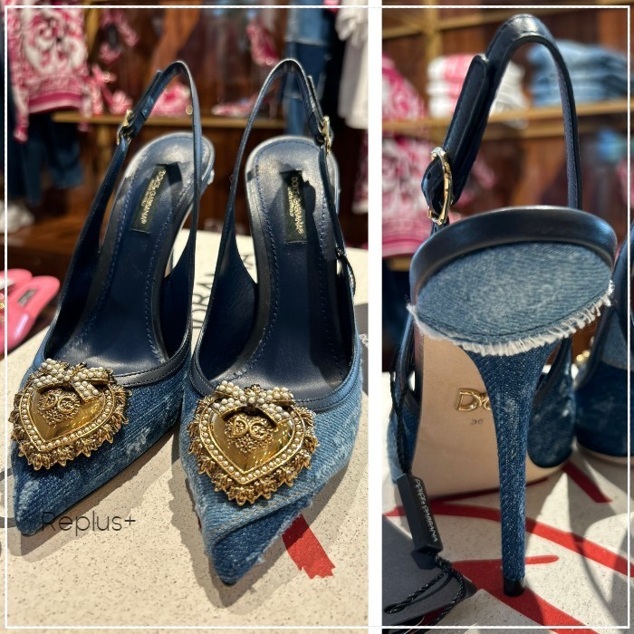 【Dolce&Gabbana】ハートモチーフ装飾 デニム パンプス DGロゴ