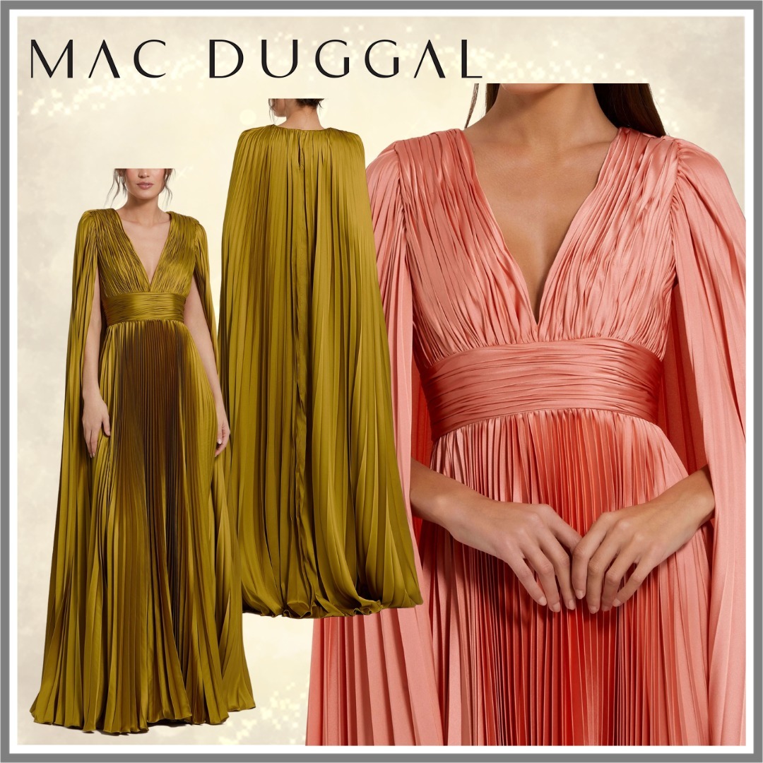 【Mac Duggal】ケープ付きプリーツシャルムーズVネックガウン