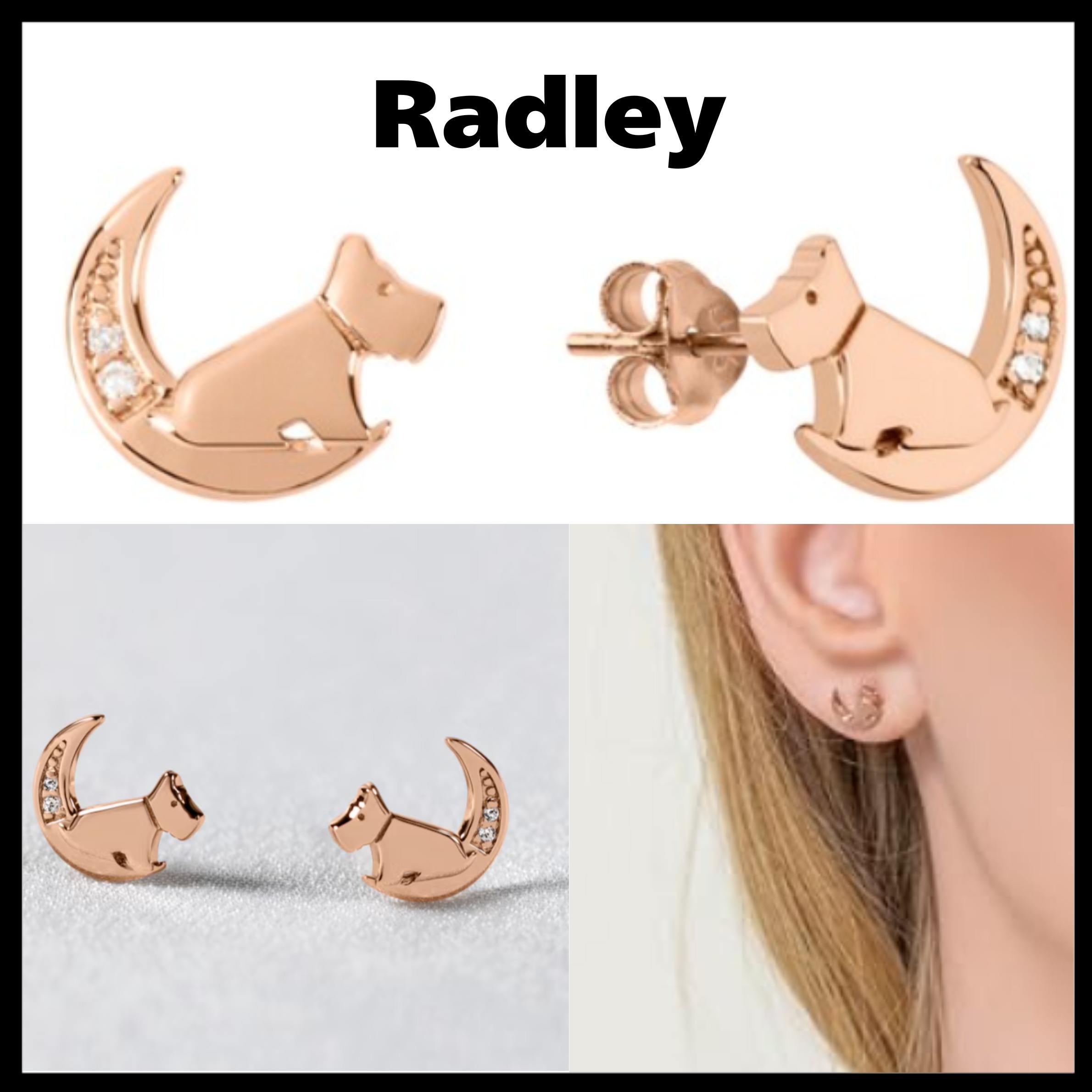【RADLEY】UK発 三日月 ドッグ 犬 ピアス ダイヤモンド ローズ