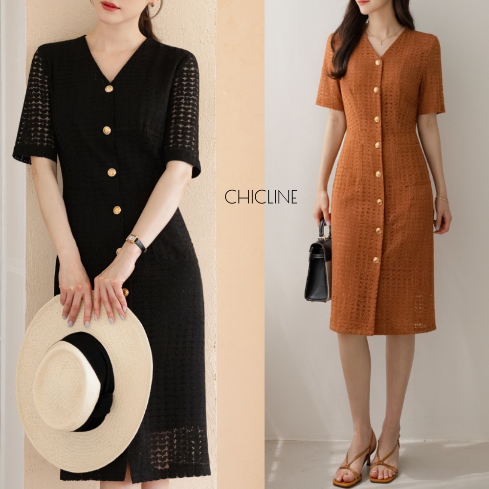 【CHICLINE 】CAVELLI/ハート×レース Vネックボタンワンピース