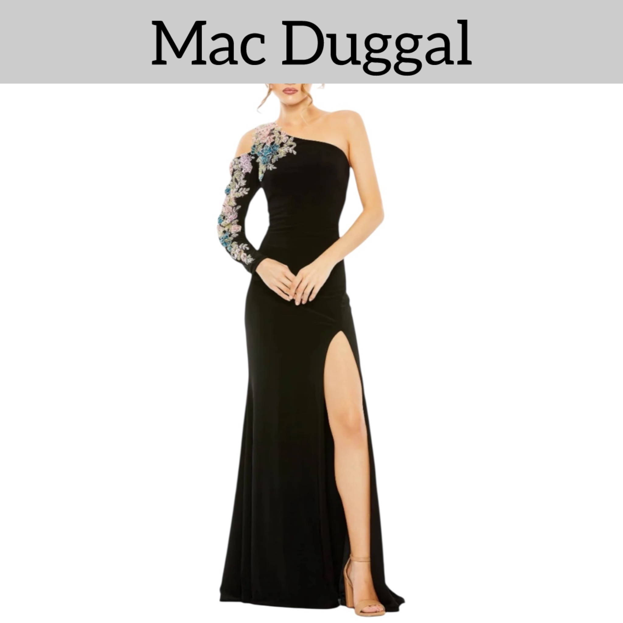 エレガント Mac Duggal★花柄レース×ワンショルダー/黒ロング