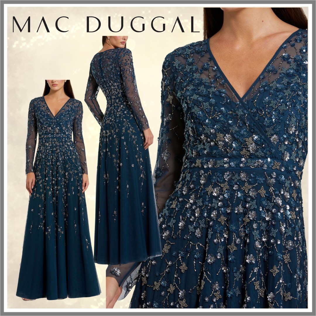 【Mac Duggal】ネイビー装飾ラップロングスリーブAラインガウン
