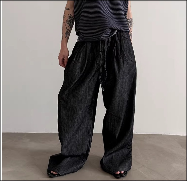 ルーズフィット デニムワイドパンツ ドロスト仕様 カジュアル