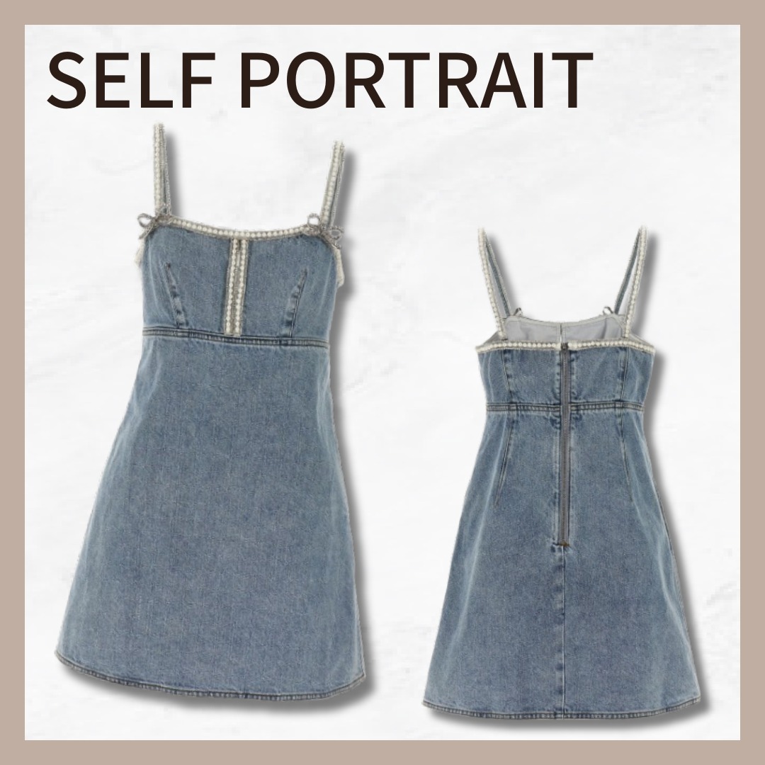 SELF PORTRAIT ライトブルーデニムパールミニドレス