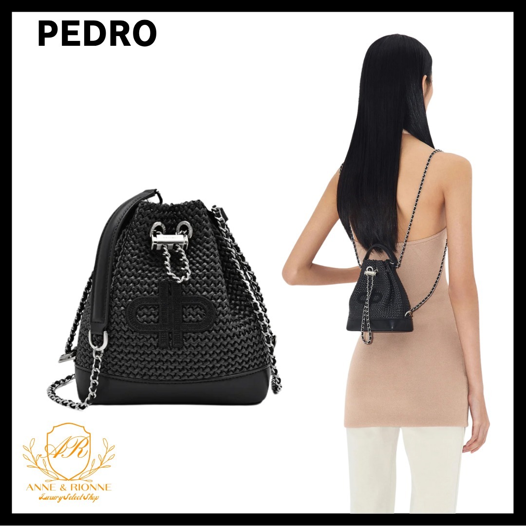 PEDRO ラフィア ミニバケットバッグ コンパクト チェーンリンク