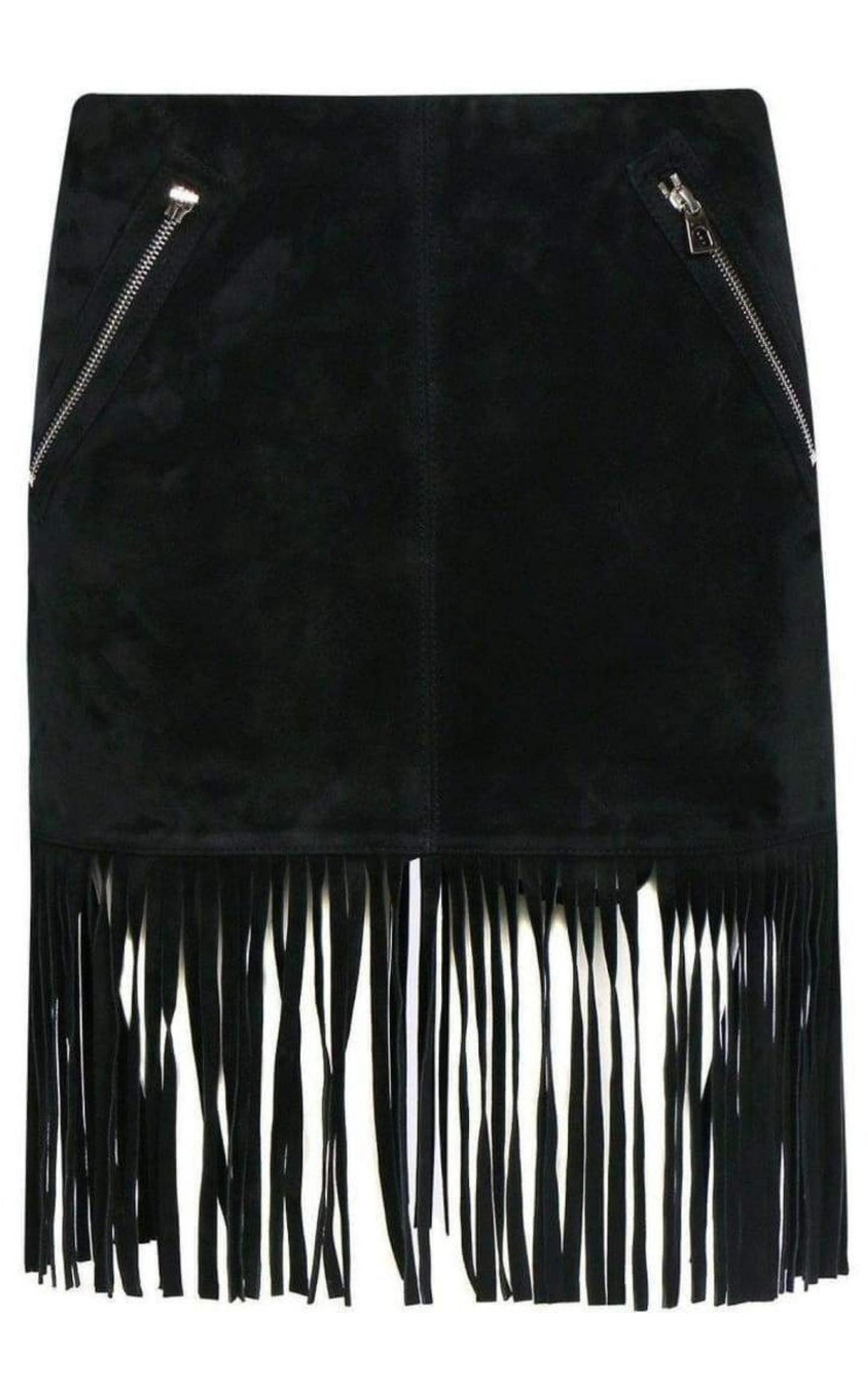 ミニスカート Black Leather Fringe Skirt