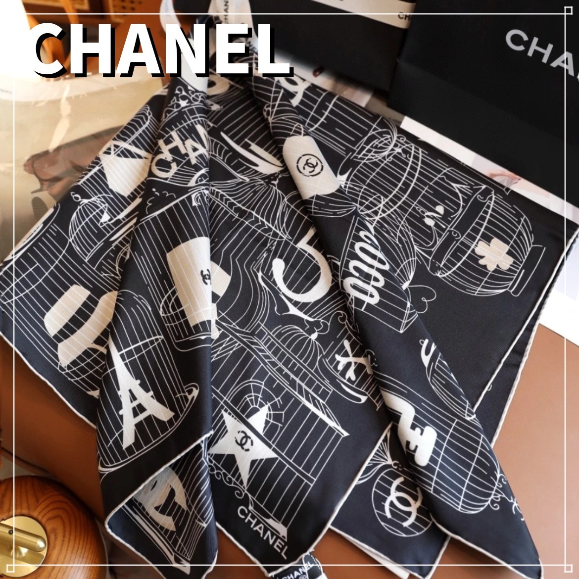 【鳥かご×CCロゴ】CHANEL シルクスカーフ モノトーンデザイン