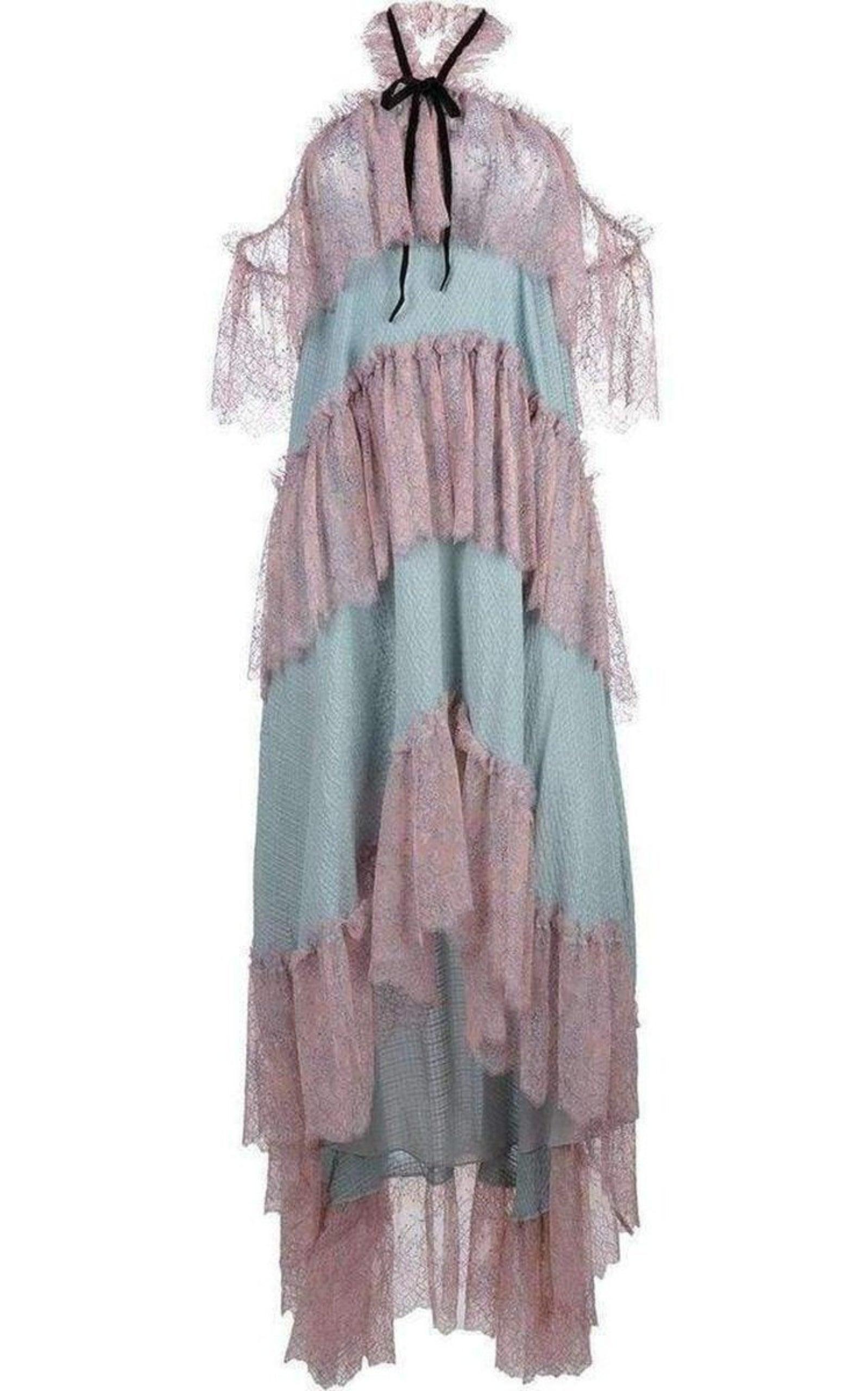 パーティードレス Off the Shoulder Tiered Silk Dress