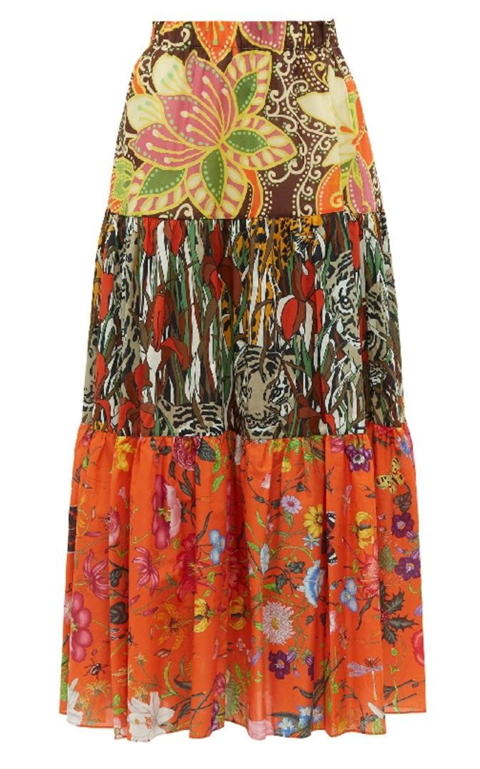 スカート Patchwork-design Printed Long Skirt