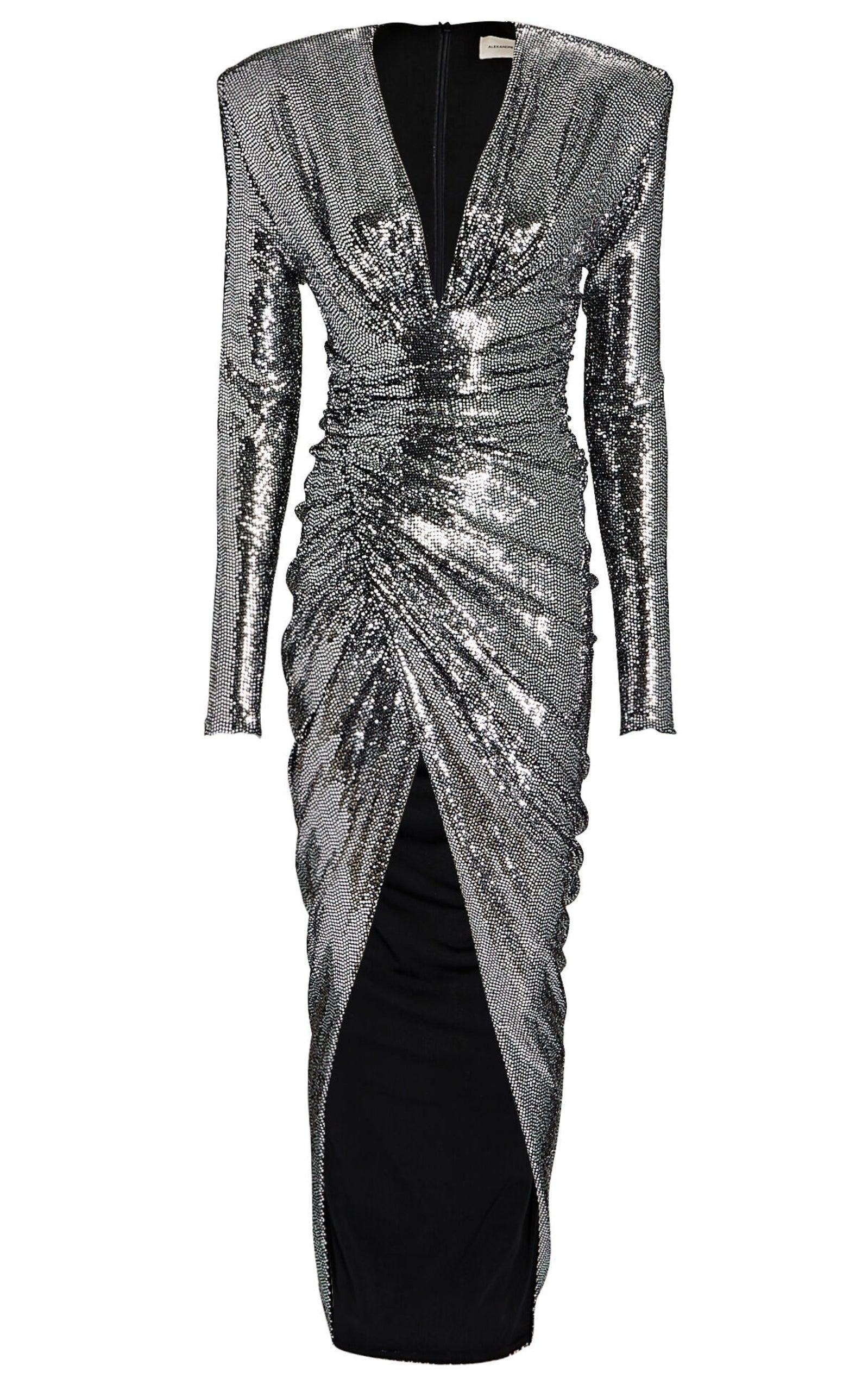 パーティードレス Ruched Silver Sequined Gown
