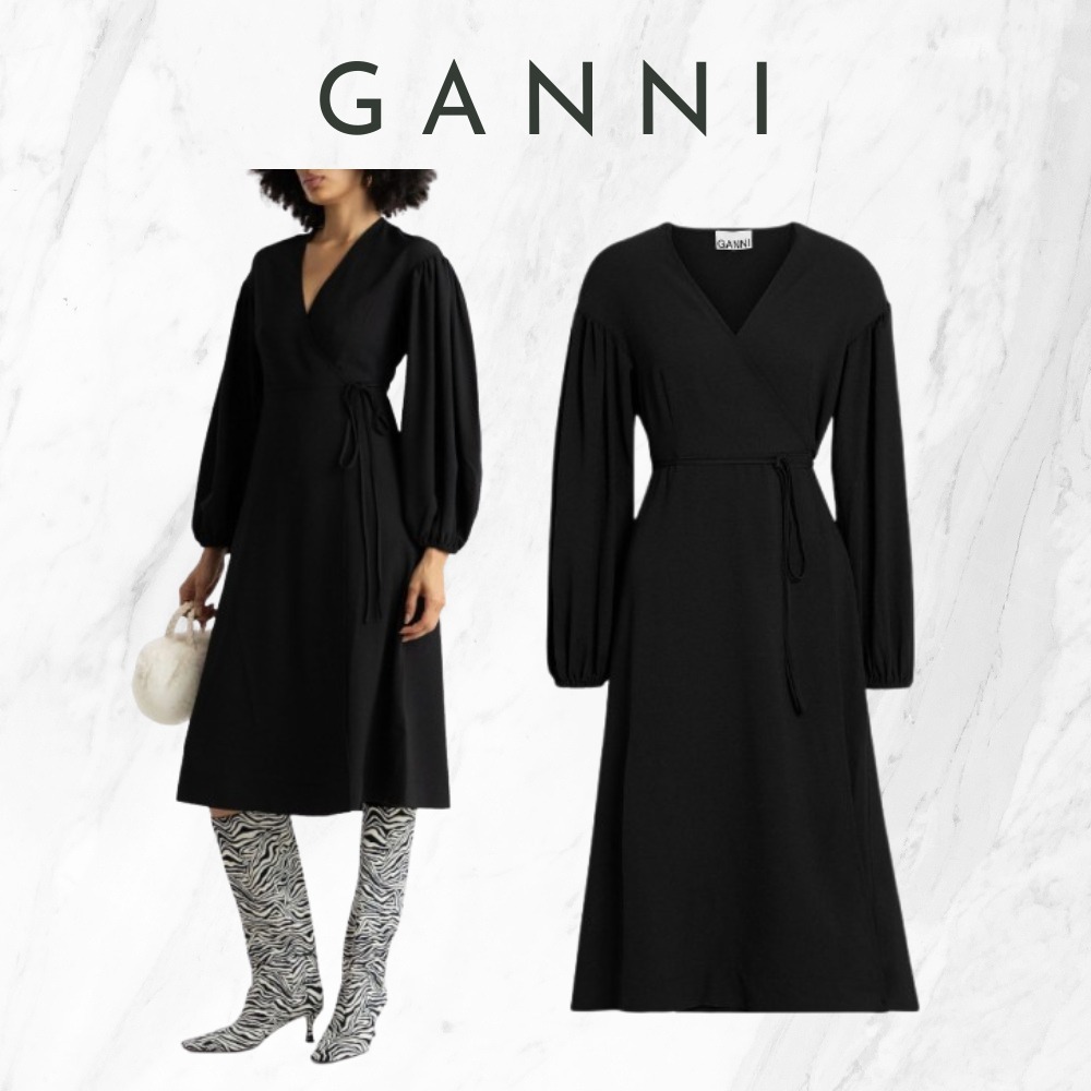 【Ganni】関税・送料込★ブラック クレープ ミディラップドレス
