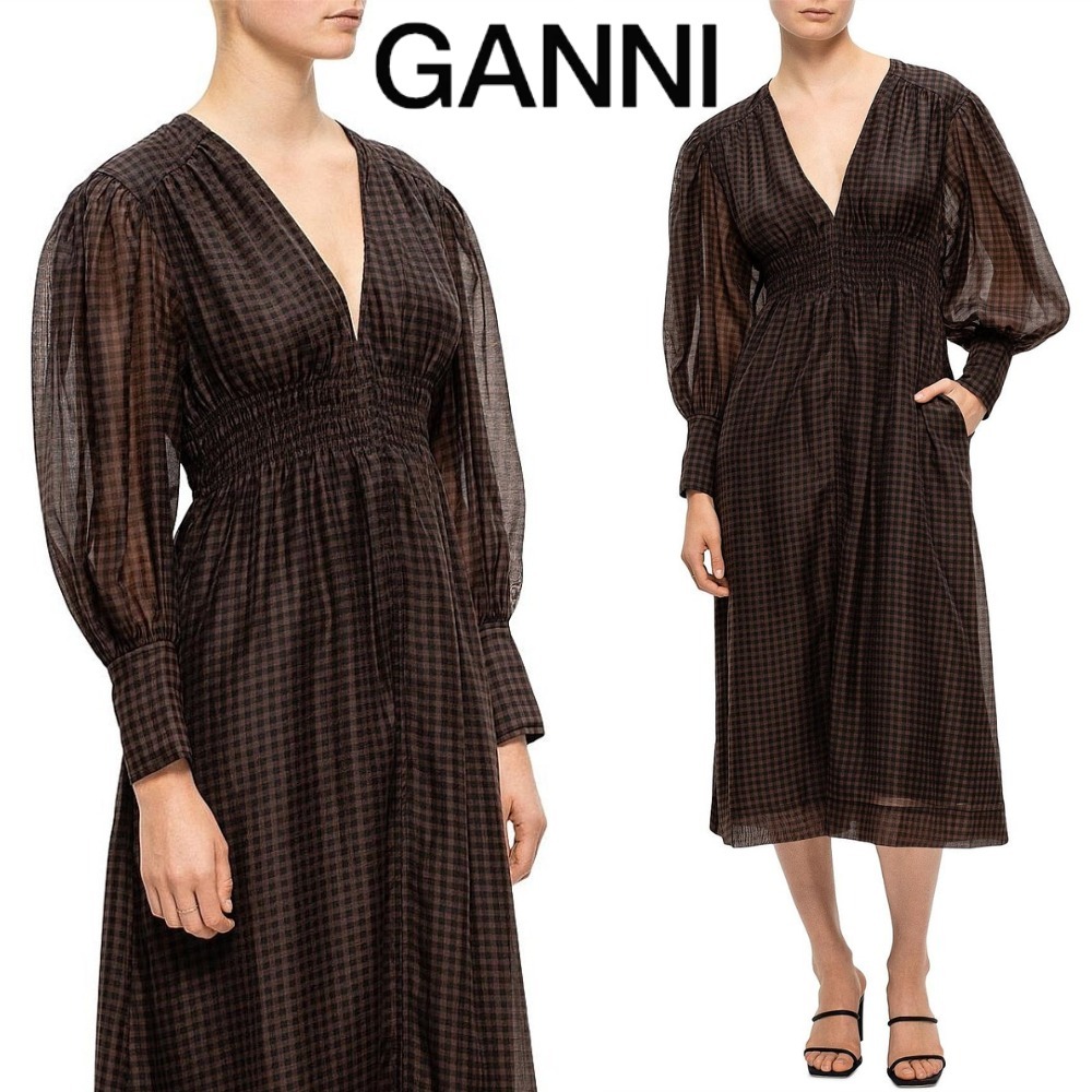 関税送料込♪GANNI/チェック オーガンザ ミディドレス