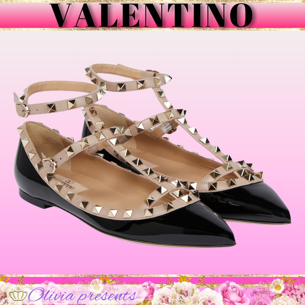 VALENTINO＞＞ロックスタッドレザーバレエフラット