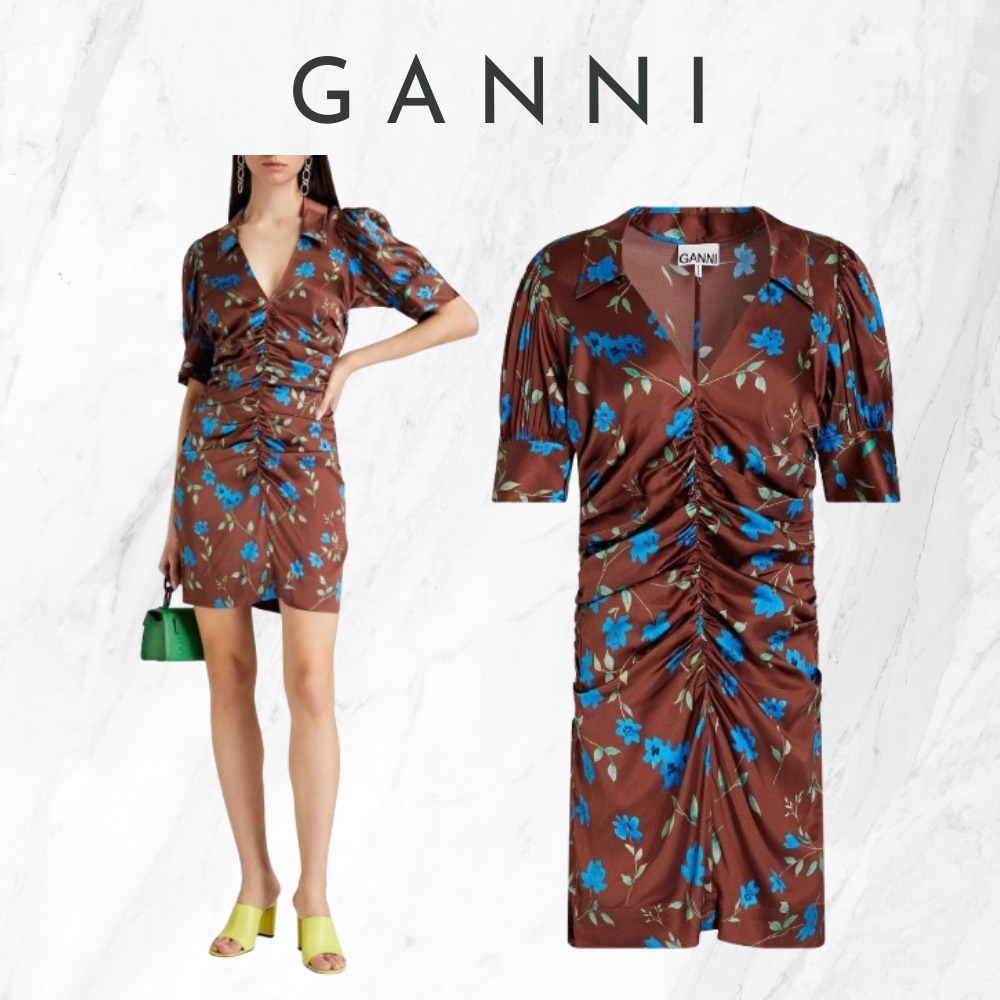 【Ganni】関税込★ブラウン ミニワンピース ルーシュ入り 花柄