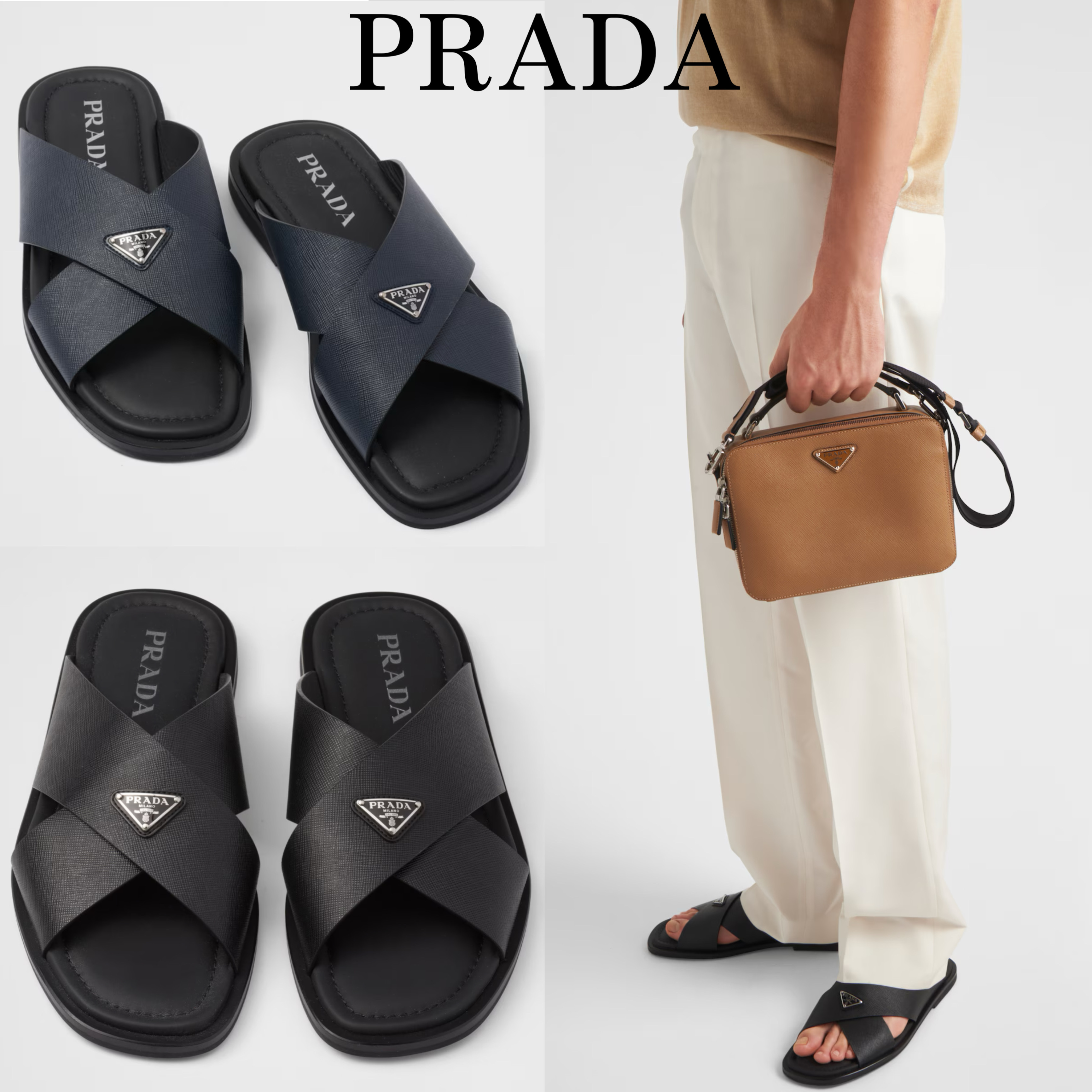 メンズ*PRADA* Saffiano レザークロスサンダル サフィアーノ