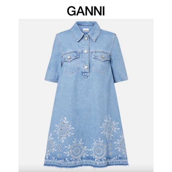 関税,送料無料 GANNI 刺繍レースデニムシャツミニワンピース