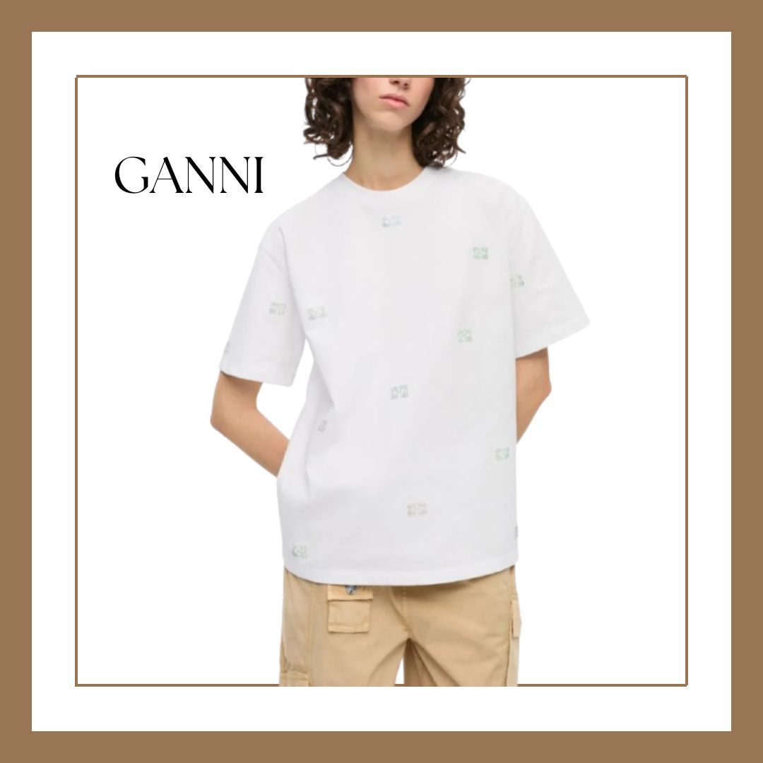 関税送料込 ガニー ラインストーン装飾コットンTシャツ白Tシャツ