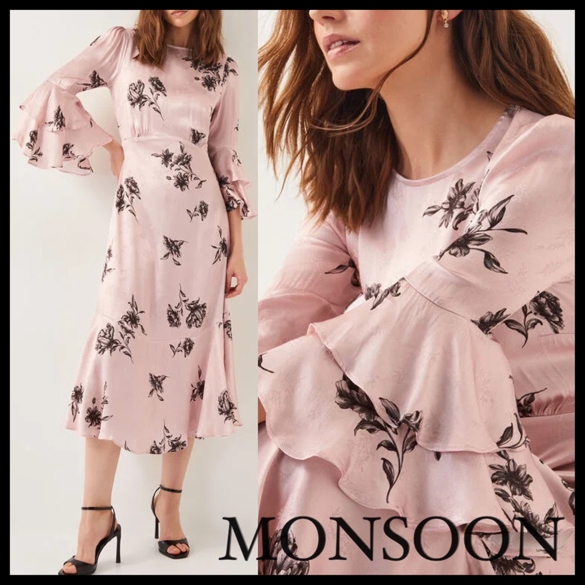 Monsoon* Pelia フローラルラッフルスリーブ ミディドレス