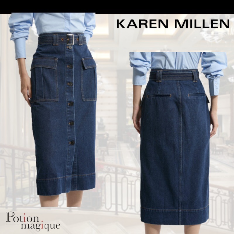 ★Karen Millen★デニムカーゴポケットベルト付きミディスカート