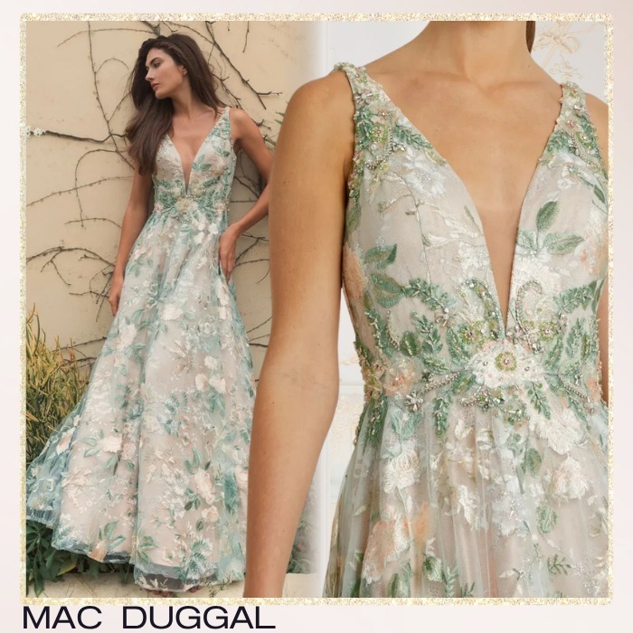 Mac Duggal*マルチカラー刺繍が美しい*Vネック*チュールドレス