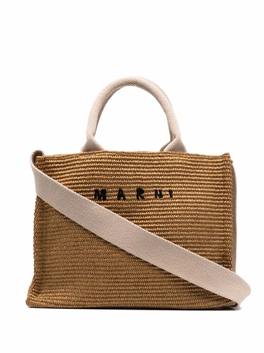 トートバッグ Marni Logo-Lettering Raffia Tote Bag