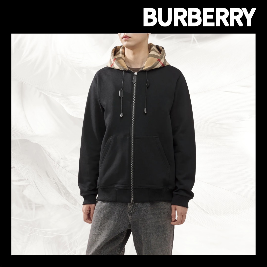 【BURBERRY】Check Hood Cotton Relax Fit Zip-Up Hoodie