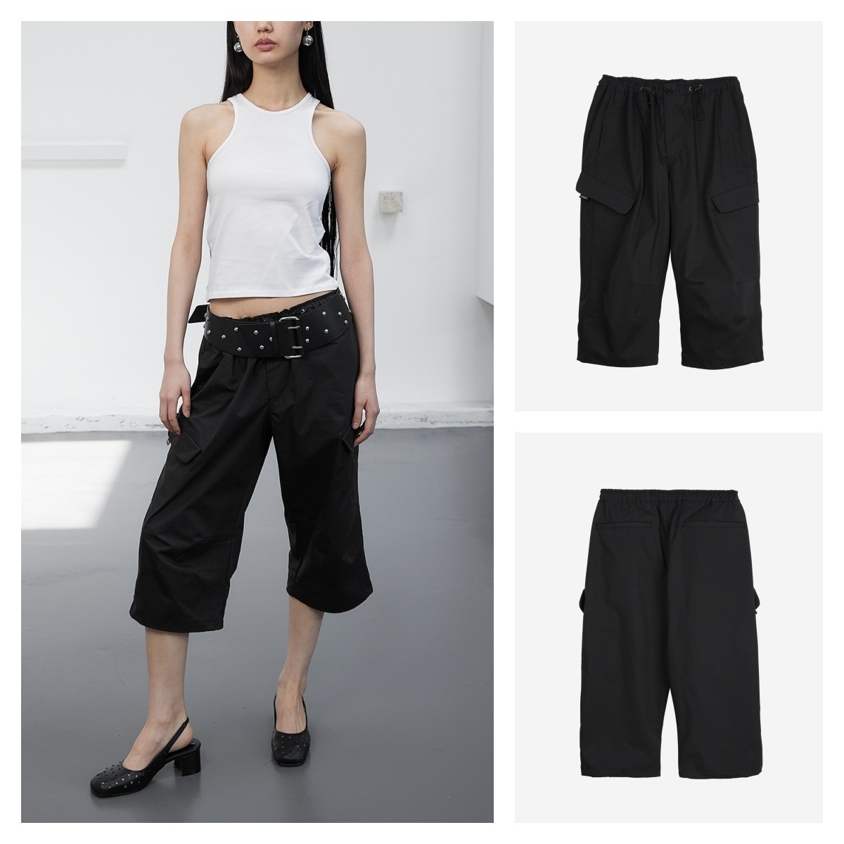 ★CERRIC★WAIST STRING CAPRI CARGO PANTS★1897★Black★人気