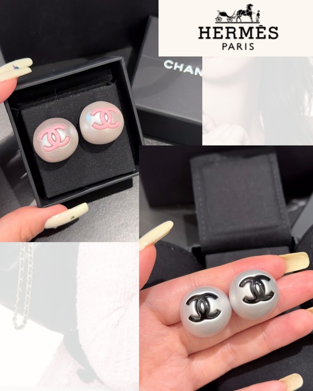 【ジェニ着用】CHANEL ロゴ入りパールピアス pinkとbrackあり