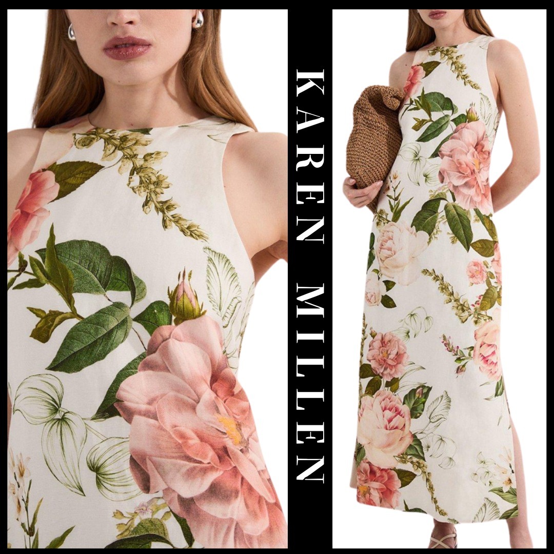 KAREN MILLEN 日本未入荷 花柄 リネン フレア マキシドレス