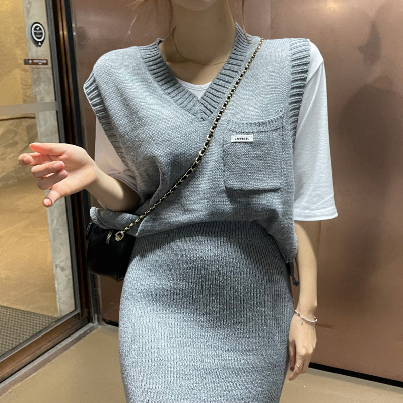 Vネック マーメイド スカート ツーピース ベスト
