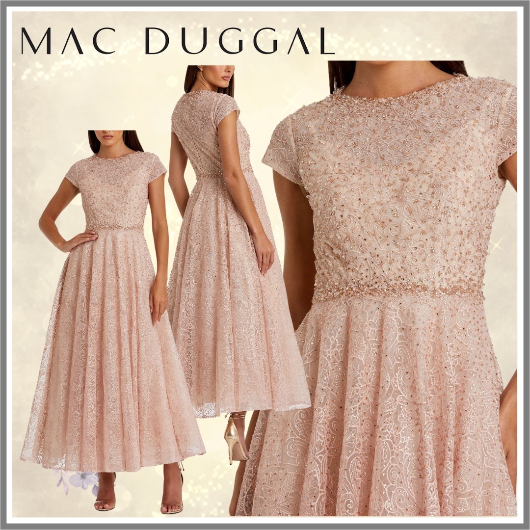 【Mac Duggal】ピンクの装飾付きキャップスリーブAラインドレス